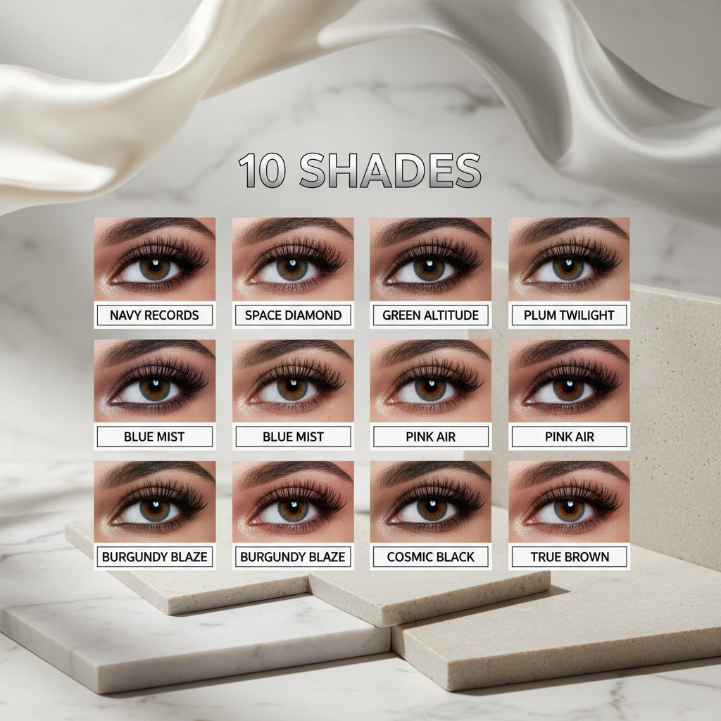 A shade chart graphic titled '10 SHADES' showing nine eye close-ups with different eyeliner colors and names including Navy Records, Space Diamond, Green Altitude, Plum Twilight, Blue Mist, Pink Air, Burgundy Blaze, Very Black, Cosmic Black, and True Brown.
