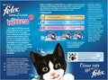 A blue and white Felix Kitten feeding guide and care poster featuring a large photo of a black and white kitten, feeding instructions, portion guides, and product branding including Felix, As Good as It Looks, and Clever cats get Felix.