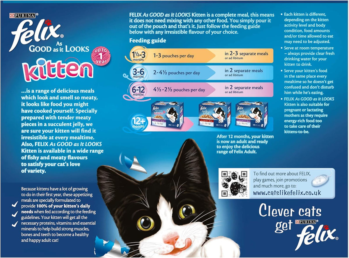 A blue and white Felix Kitten feeding guide and care poster featuring a large photo of a black and white kitten, feeding instructions, portion guides, and product branding including Felix, As Good as It Looks, and Clever cats get Felix.