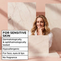 Woman with blonde hair smiling, with a label for sensitive skin products on the left.