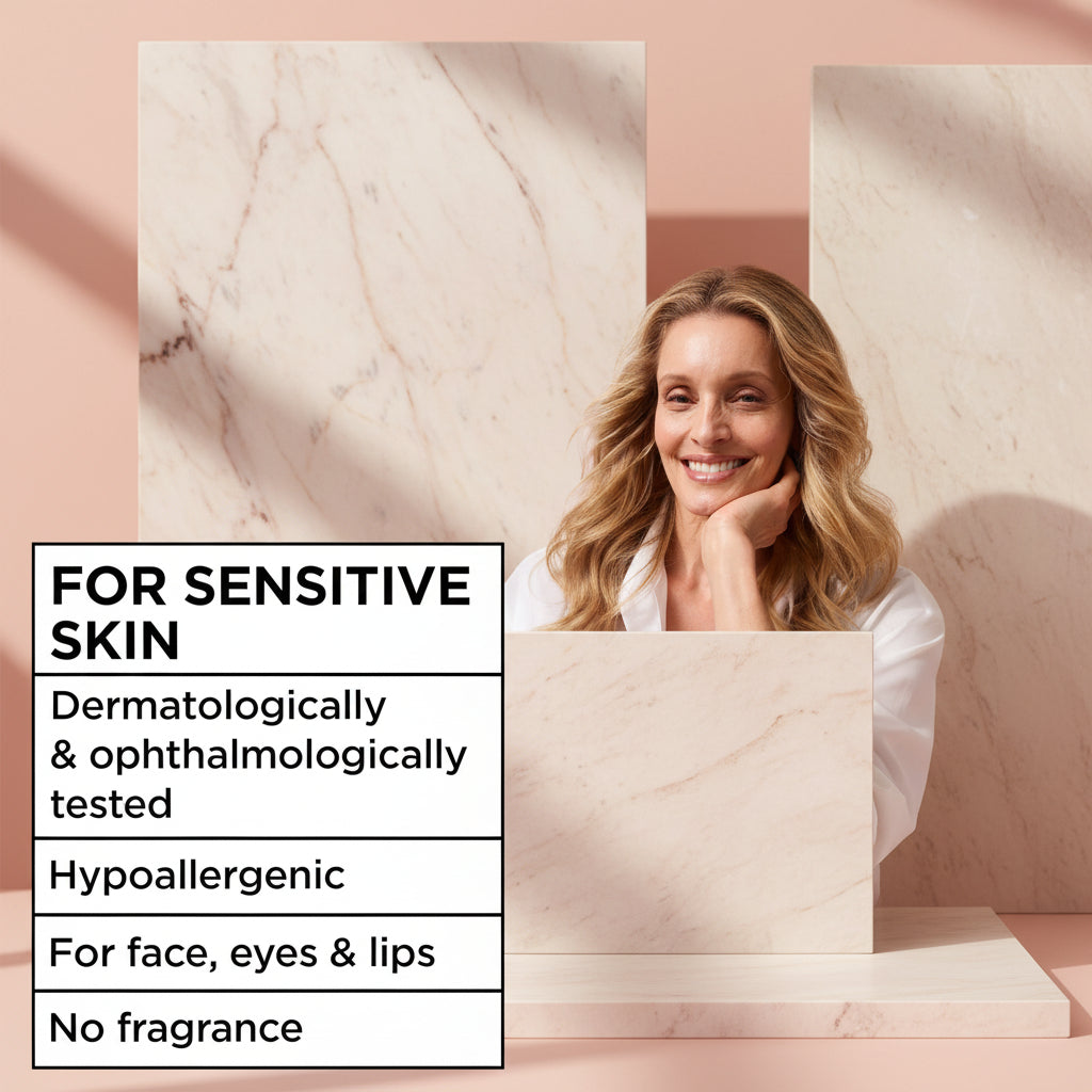 Woman with blonde hair smiling, with a label for sensitive skin products on the left.