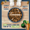 A promotional graphic for dog food showing a blue bowl filled with brown kibble on a wooden board. White dog paws are visible at the top, and text reads 'TENDER MEATY CHUNKS' and 'TASTY CHICKEN FLAVOUR.