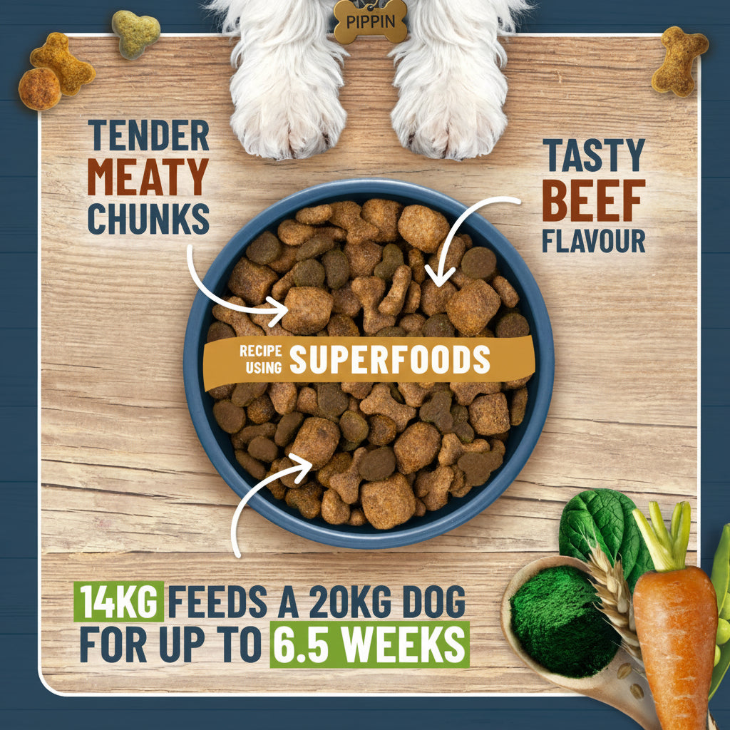 A promotional graphic for a 14kg bag of dog food. A blue bowl filled with brown kibble is centered on a wooden board, with a dog's paws visible at the top.