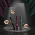Three eyelash products with color-changing effects on eyes against a starry night sky background.