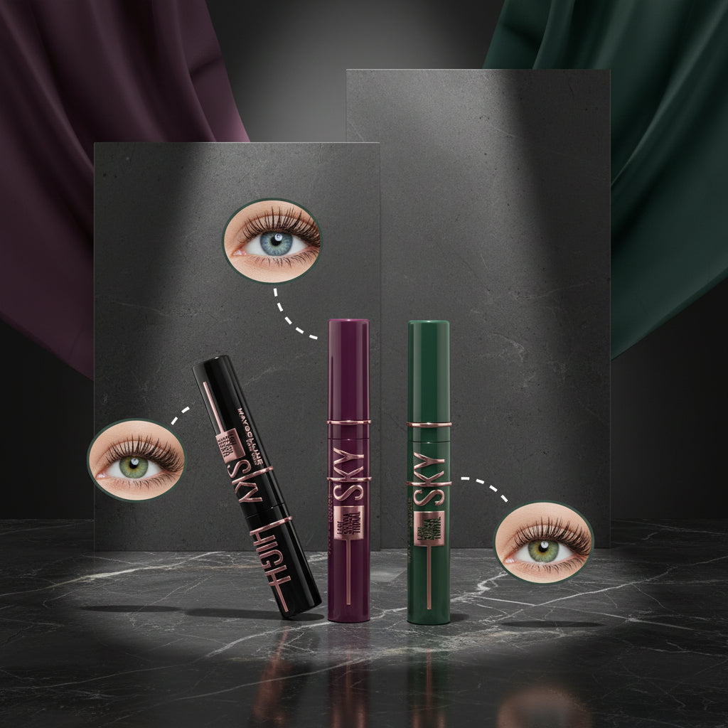 Three eyelash products with color-changing effects on eyes against a starry night sky background.