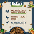 Bakers dog food packaging with ingredients listed on a wooden board design.
