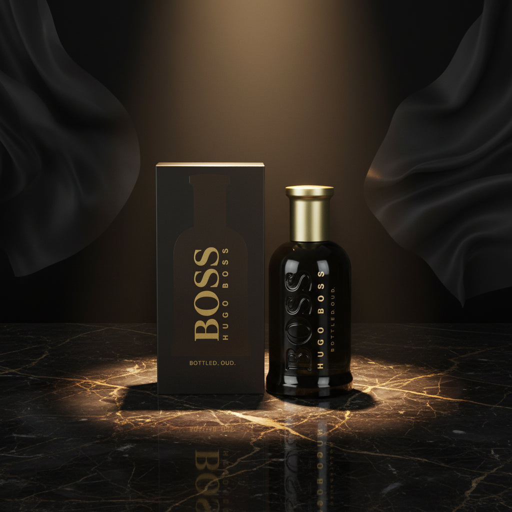 Hugo Boss bottled oud perfume bottle and packaging on a white background