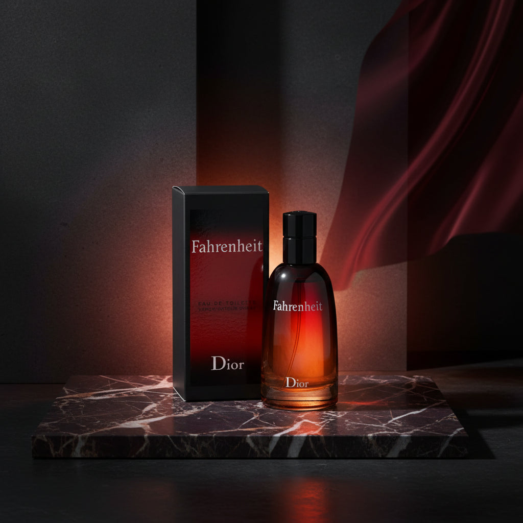 Dior Fahrenheit perfume bottle and packaging on a white background