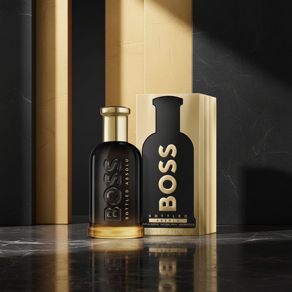 Hugo Boss Bottled Absolu Eau de Toilette bottle in dark amber glass with a gold cap, shown next to its gold and black packaging box.