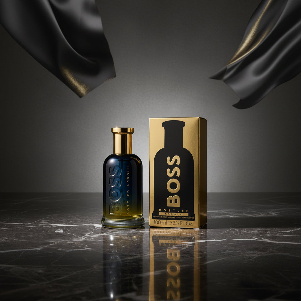 A bottle of BOSS Black fragrance with a gold cap and a black label, shown next to its gold and black packaging box on a wooden surface.