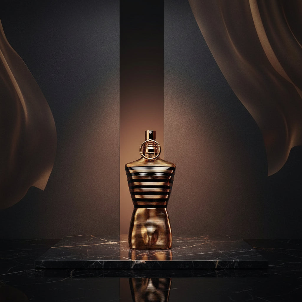 Gold and bronze 'Jean Paul Gaultier Le Male Elixir' perfume bottle and packaging on a white background