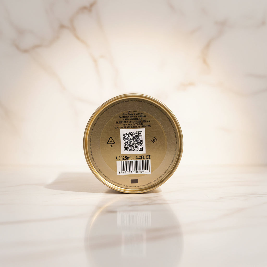 The bottom of a round gold-colored perfume tin held in a hand, showing printed text, a barcode, and a QR code on a white background.
