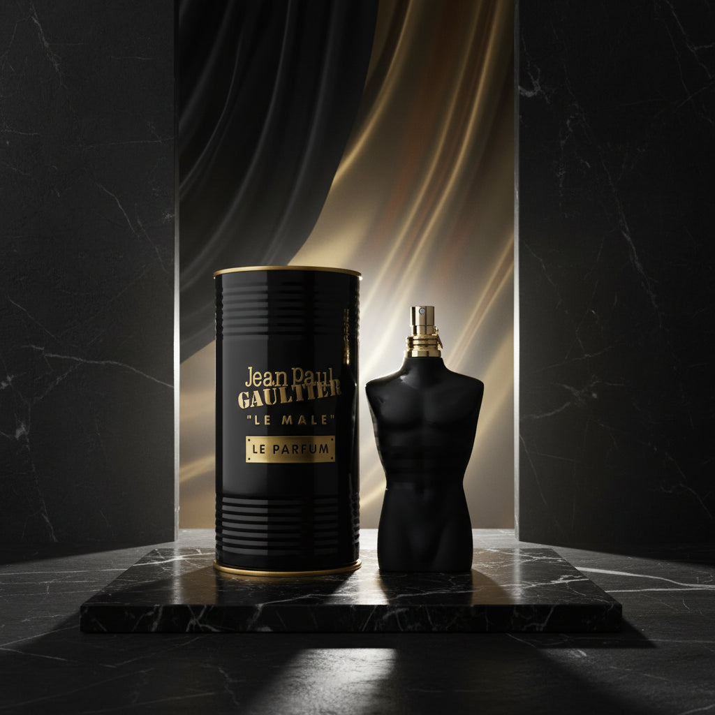 Black and gold Jean Paul Gaultier Le Male perfume bottle and packaging on a white background