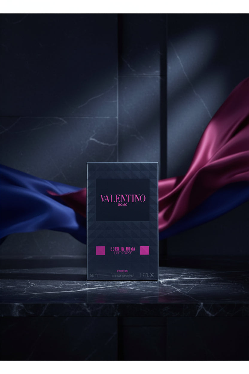 Valentino Uomo Born in Roma Extradose perfume box in dark blue packaging with pink lettering, shown in its plastic wrapping on a white background.