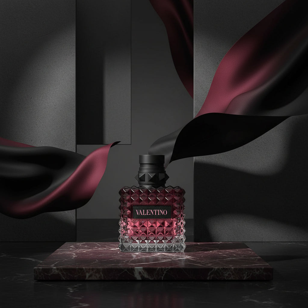 Valentino perfume bottle with geometric design on a white background