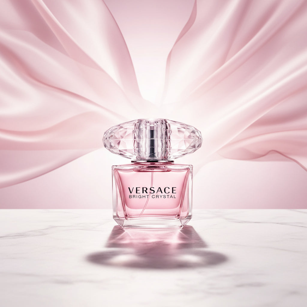 Versace Bright Crystal perfume bottle and packaging on a white background