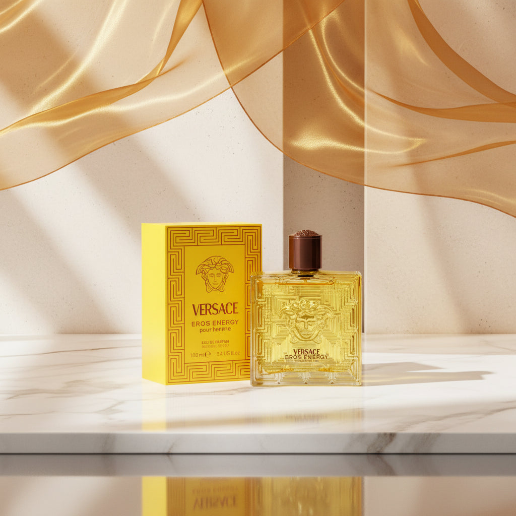 Versace Eros Energy perfume bottle and packaging on a white background