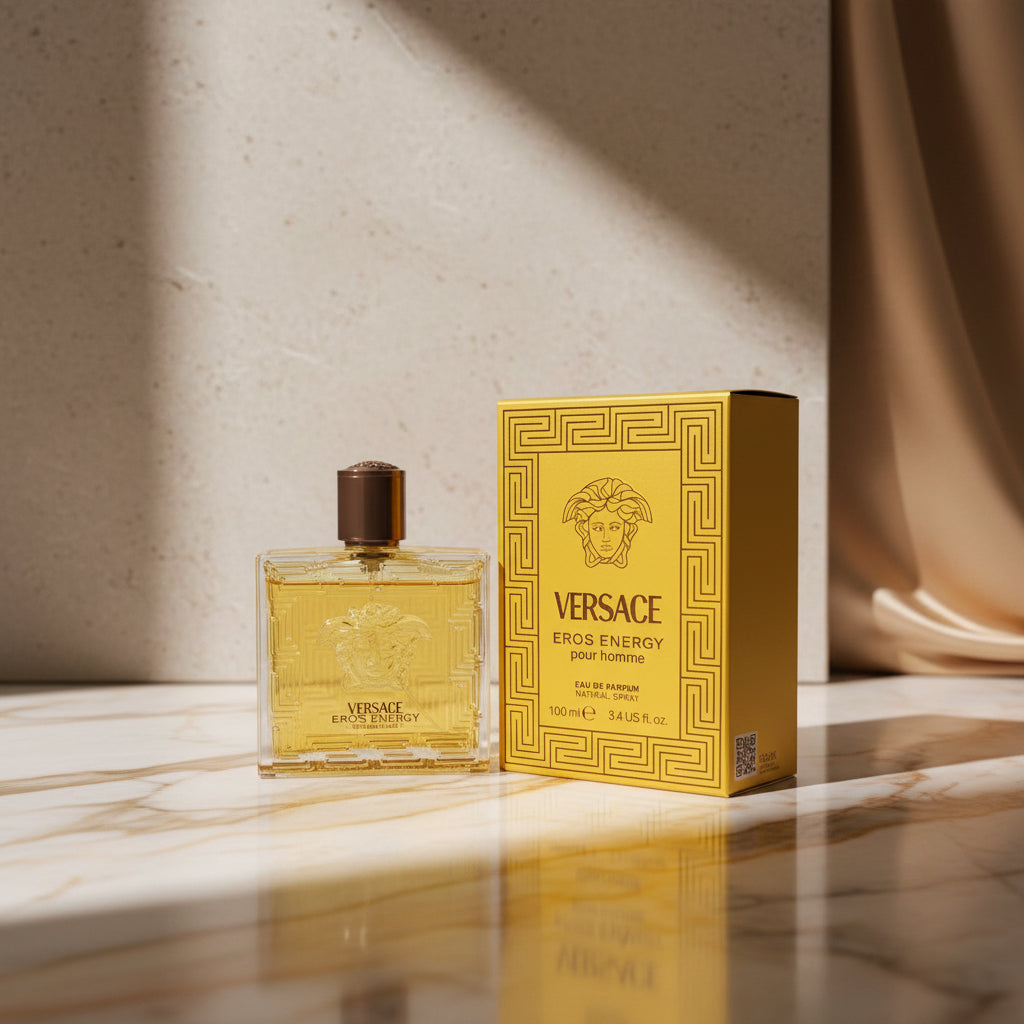 Versace Eros Energy Eau de Parfum 100ml bottle and its original yellow packaging box with black Greek key patterns, set against a neutral gray background.