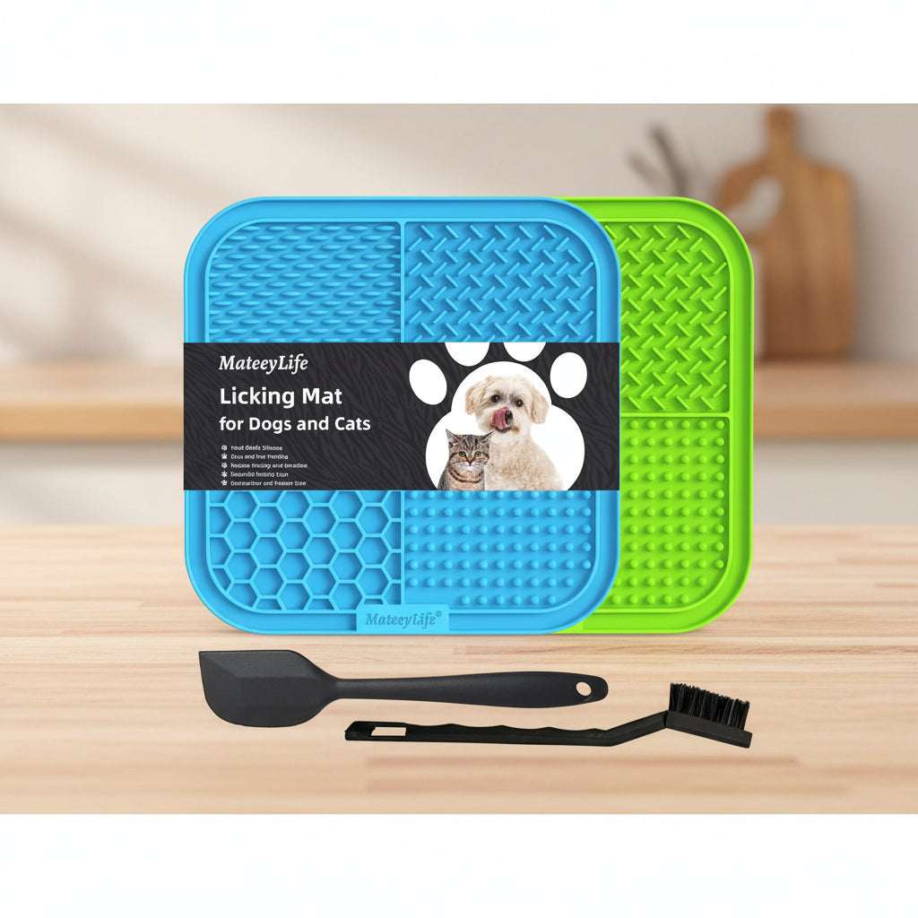 Blue and green MateeeyLife licking mat for pets with a brush on a white background